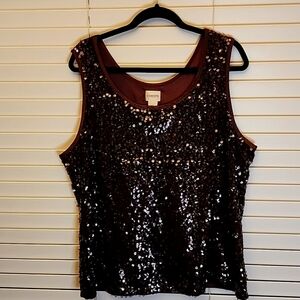 Chico's Sequined Top 3 XL Dark Brown Paillette Sequin Satin Going Out Party